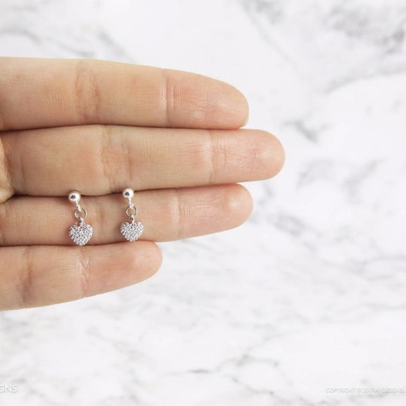 Dainty Cubic CZ Heart Earrings - Sterling Silver - Picture 6 of 7
